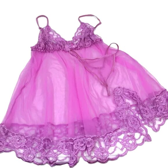Vintage Sheer Lace Babydoll Nightgown Panties 2 Piece Set Purple S, Frederick's - Picture 1 of 16